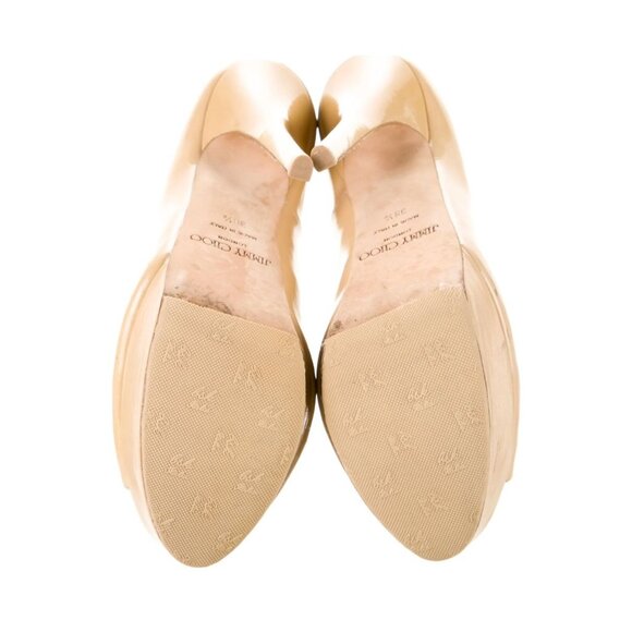 Jimmy Choo Sz 8.5 NUDE PEEPTOE Patent Leather PLATFORM Pumps Heels Beige - Picture 6 of 6
